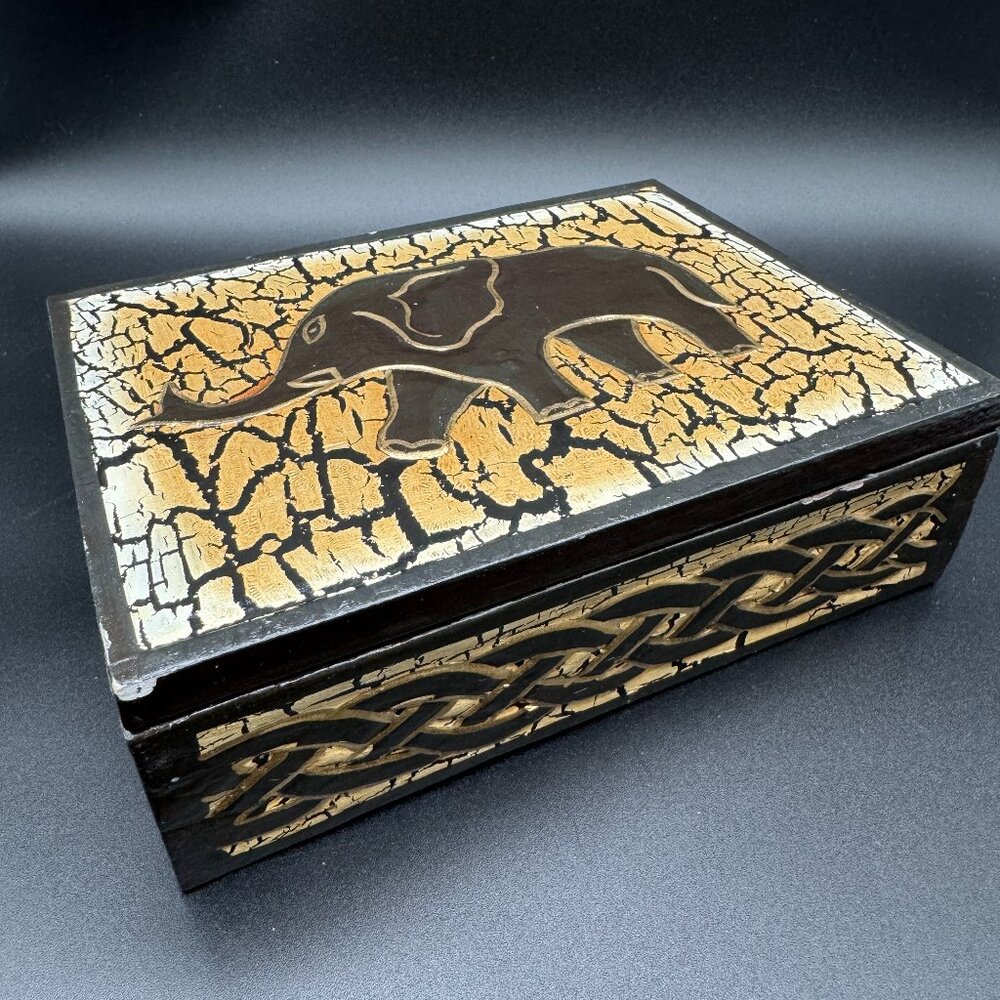 Vintage Wooden Box Elephant Keepsake Trinket Black and Gold Carved Hand painted